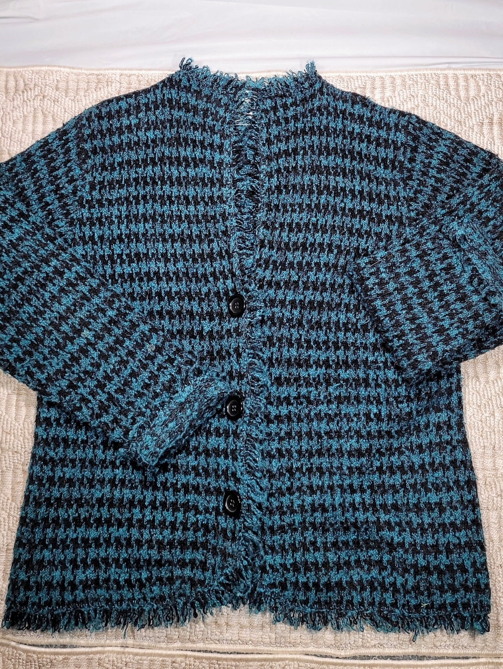 Coldwater Creek XXL Teal Blue Houndstooth Bouclé Cardigan Fringe Trim Jacket